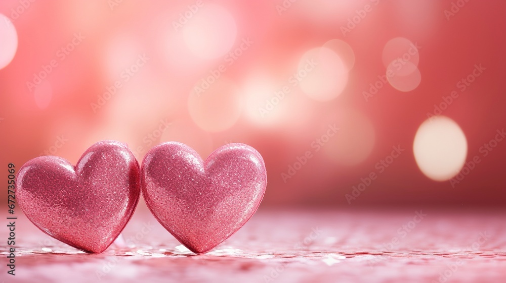 Hearts On Pink Glitter In Shiny Background - Valentine's Day Concept , copy space, generative ai