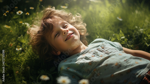 A child lies on the green grass in summer.