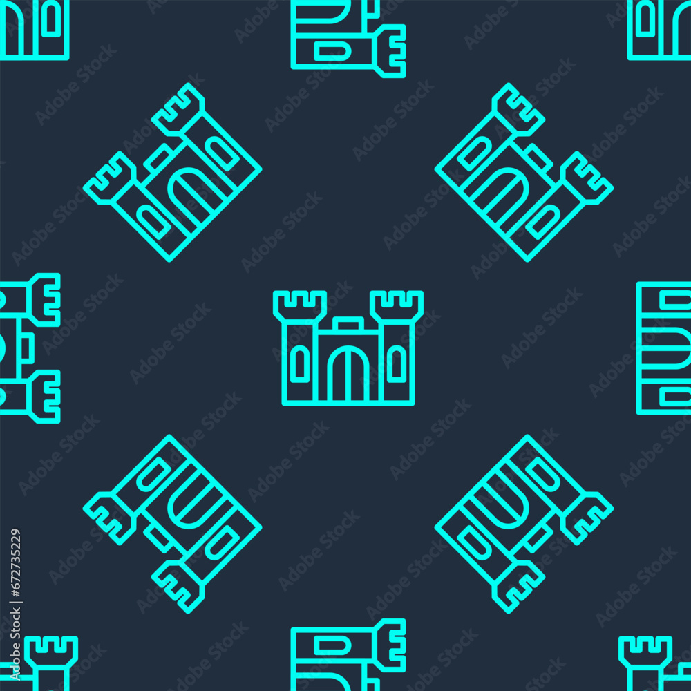 Green line Castle icon isolated seamless pattern on blue background. Vector Green line Castle icon isolated seamless pattern on blue background. Vector