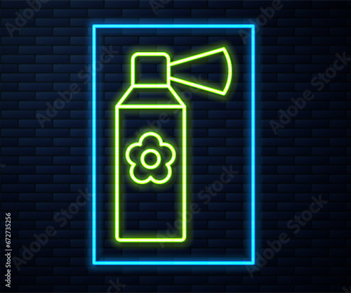 Glowing neon line Air freshener spray bottle icon isolated on brick wall background. Air freshener aerosol bottle. Vector