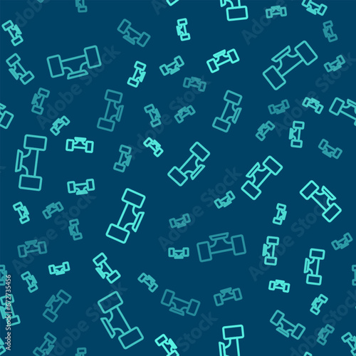 Green line Skateboard wheel icon isolated seamless pattern on blue background. Skateboard suspension. Skate wheel. Vector