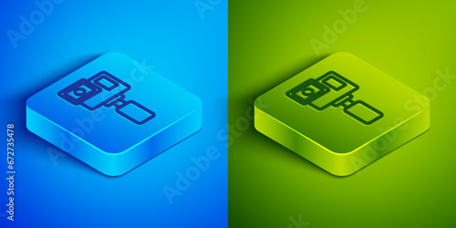 Isometric line Action extreme camera icon isolated on blue and green background. Video camera equipment for filming extreme sports. Square button. Vector