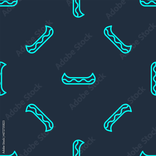 Green line Kayak and paddle icon isolated seamless pattern on blue background. Kayak and canoe for fishing and tourism. Outdoor activities. Vector
