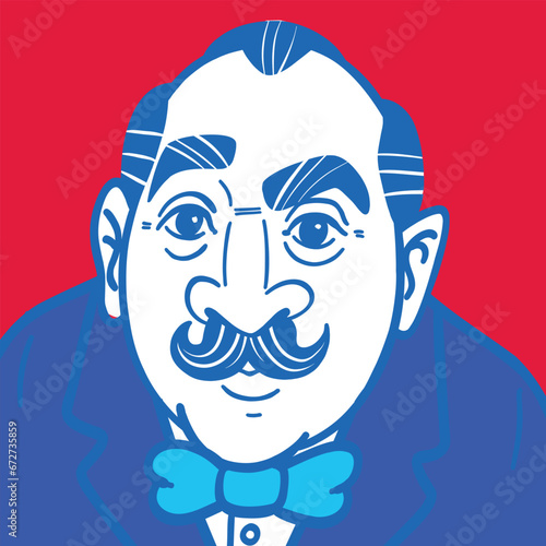 Vector comic illustration of a man from the 20s with a mustache and a bow tie.