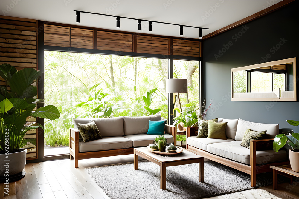 The living room is a nature-inspired space with earthy tones, a large indoor plant, and natural wood furniture, creating a tranquil and organic ambiance. Generative AI The living room is a nature-inspired space with earthy tones, a large indoor plant, and natural wood furniture, creating a tranquil and organic ambiance. Generative AI