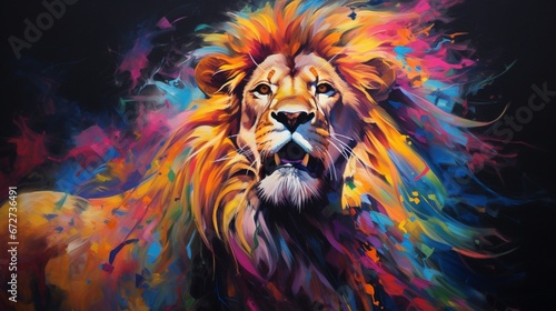 a dynamic and powerful oil painting of a lion with neon accents  employing expressive brushstrokes to capture the raw energy and timeless allure of this magnificent creature.