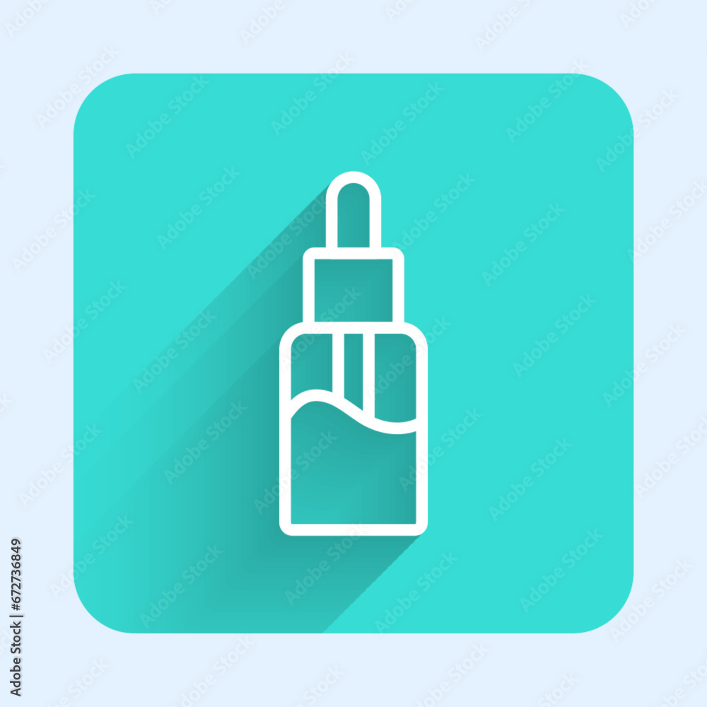 White line Vape liquid bottle for electronic cigarettes icon isolated with long shadow background. Green square button. Vector White line Vape liquid bottle for electronic cigarettes icon isolated with long shadow background. Green square button. Vector