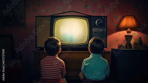 Retro kids watching tv Generative Ai © Dusica
