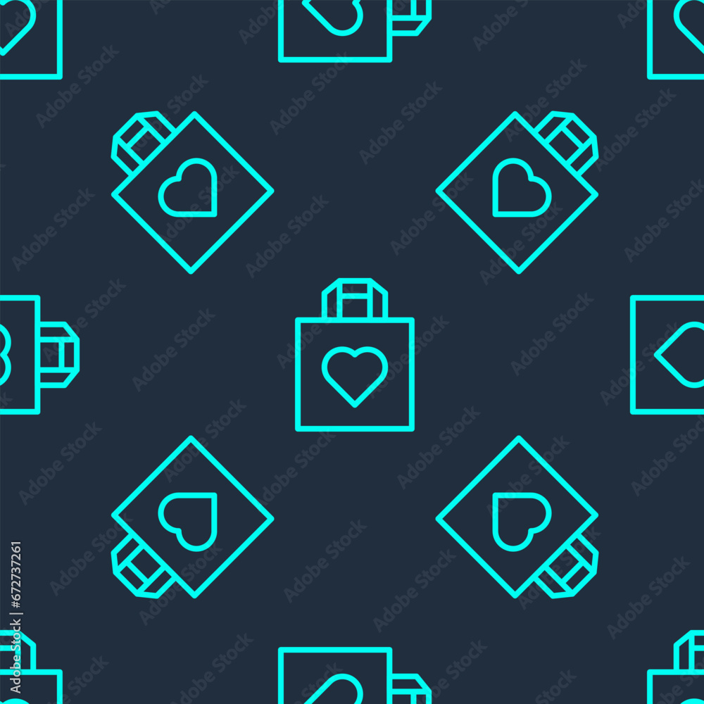 Green line Shopping bag with heart icon isolated seamless pattern on blue background. Shopping bag shop love like heart icon. Happy Valentines day. Vector Green line Shopping bag with heart icon isolated seamless pattern on blue background. Shopping bag shop love like heart icon. Happy Valentines day. Vector