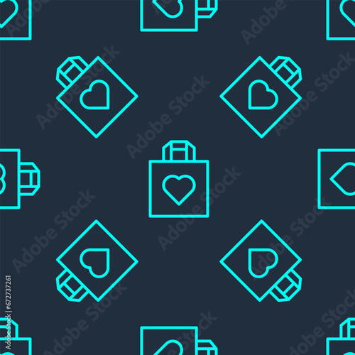 Green line Shopping bag with heart icon isolated seamless pattern on blue background. Shopping bag shop love like heart icon. Happy Valentines day. Vector