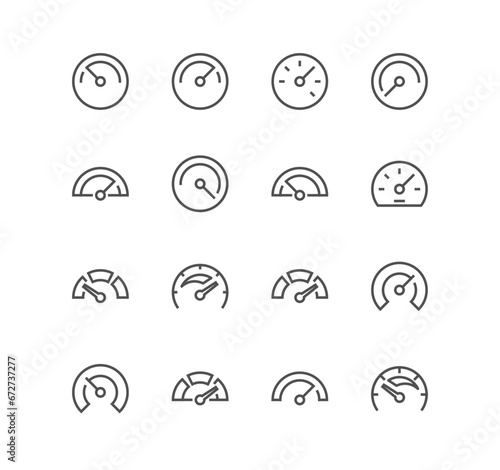 Set of speedometer related icons, odometer, dashboard, car speedometer, efficiency, velocity, gauge and linear variety vectors.