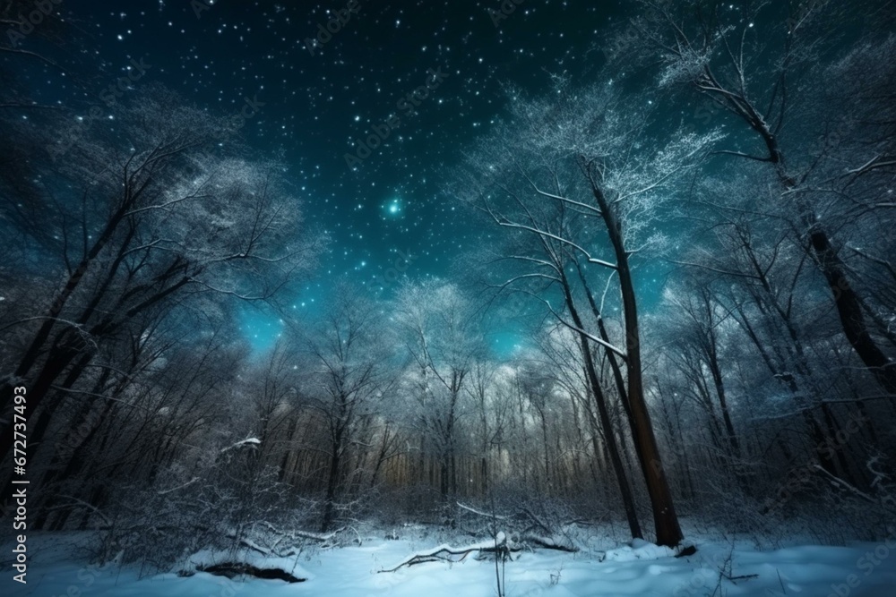 Enchanting winter forest with snow-covered trees under Christmas night sky. Generative AI
