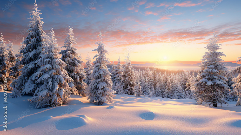 snowy wonderland winter landscape  at sunset
