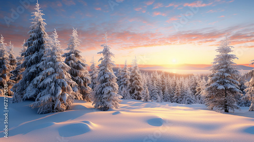 snowy wonderland winter landscape at sunset