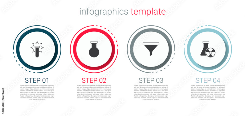 Set Chemical explosion, Test tube and flask, Funnel or filter and radiation. Business infographic template. Vector Set Chemical explosion, Test tube and flask, Funnel or filter and radiation. Business infographic template. Vector