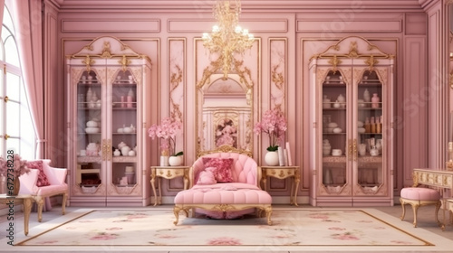 luxury interior of large room in pink colors with expensive furniture in rich flower. generative ai © Witri