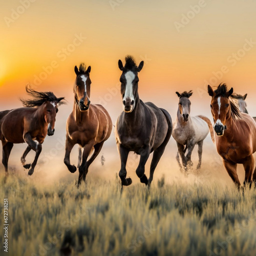 a group of wild horses galloping across a wide-open prairie under a setting sun.