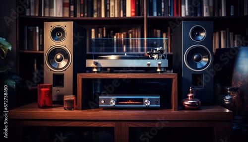 Photo of a Vintage Stereo System with Speakers on a Wooden Table, Surrounded by Books