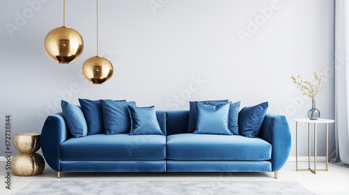 living room blue velvet sofa golden and blue pillows sphere modern interior blue tones generative ai