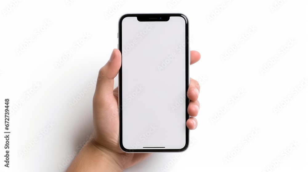 Man hand holding the smartphone with a blank screen isolated on a white background. Device mockup, mobile mockup concept. Generative AI Man hand holding the smartphone with a blank screen isolated on a white background. Device mockup, mobile mockup concept. Generative AI