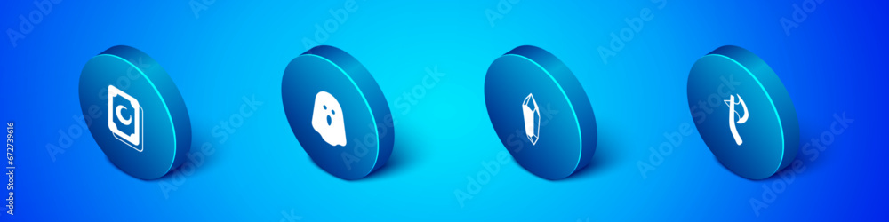 Set Isometric Tarot cards, Magic stone, Wooden axe and Ghost icon. Vector Set Isometric Tarot cards, Magic stone, Wooden axe and Ghost icon. Vector