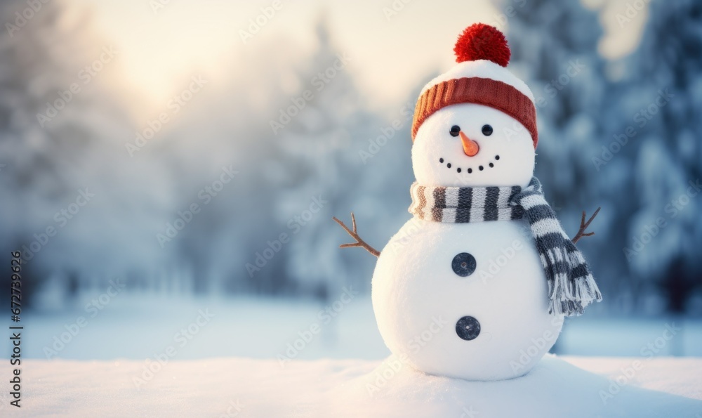Fototapeta premium Happy snowman in winter landscape