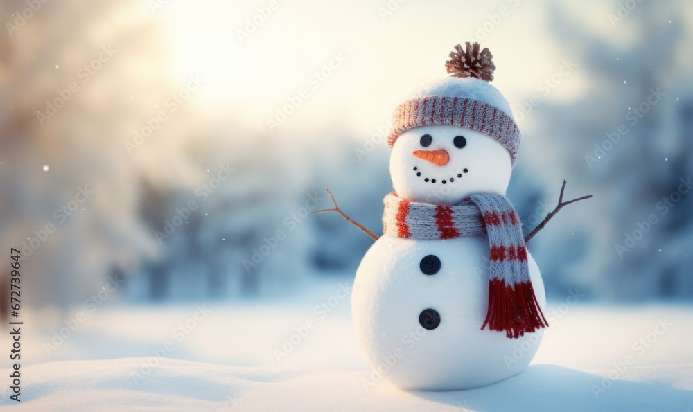 Obraz premium Happy snowman in winter landscape