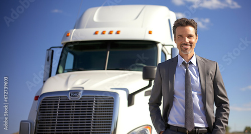 Hombre en traje propietario de empresa de logistica de envios de pie delante de un camion de transporte de paquetes