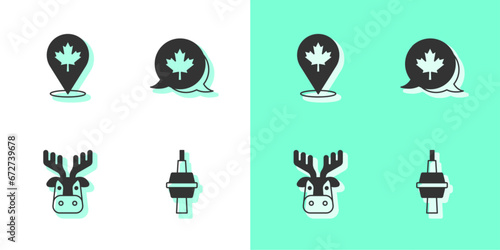 Set TV CN Tower in Toronto, Canadian maple leaf, Deer head with antlers and icon. Vector