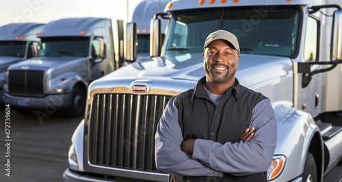 Hombre Negro Camionero de pie de brazos cruzados con camiones de fondo