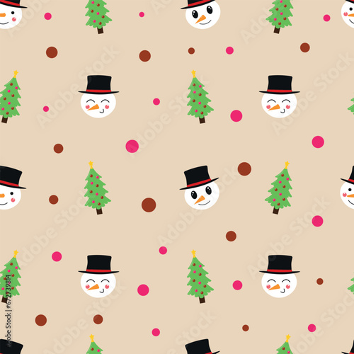 Christmas pattern with cute snowman and Christmas tree in cartoon style. New Year vector seamless pattern in flat style