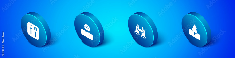 Set Isometric Fork and spoon, Binoculars, Tree and Barbecue grill icon. Vector Set Isometric Fork and spoon, Binoculars, Tree and Barbecue grill icon. Vector