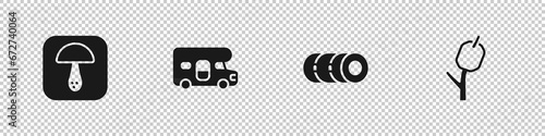Set Mushroom, RV motorhome vehicle, Blanket roll and Marshmallow on stick icon. Vector