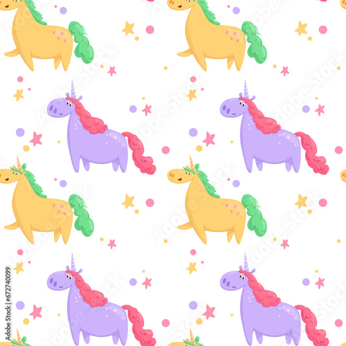 Vector pattern with yellow and purple unicorn and stars