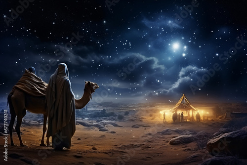 Epiphany, feast of the three kings, pilgrims come to Bethlehem at night to the crib with the baby Jesus. And in the background in the night sky we see a big star shining. Religious Theme.