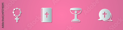 Set paper cut Rosary beads religion, Holy bible book, Christian chalice and cross icon. Paper art style. Vector