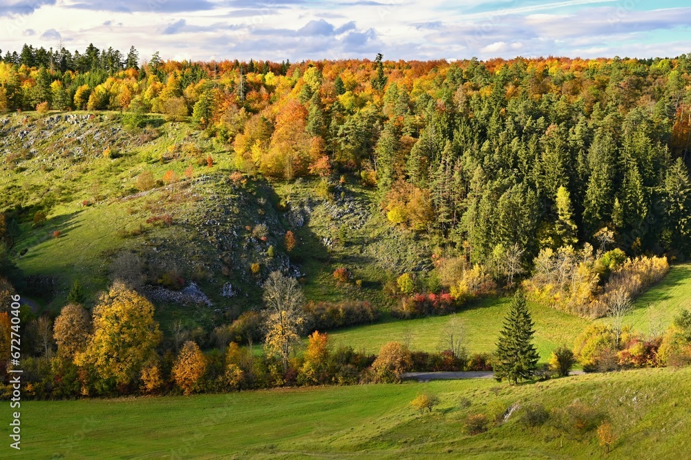 Beautiful colourful autumn landscape in the Czech Republic. Colorful trees in nature in autumn season. Seasonal concept for outdoor activities.