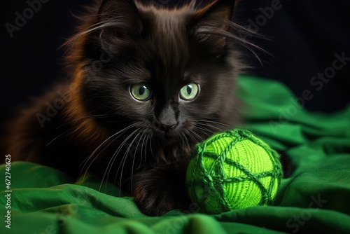 Le portrait d'un petit chaton noir jouant avec une pelote de laine photo