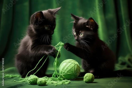 Deux petits chatons noirs jouant avec une pelote de laine photo