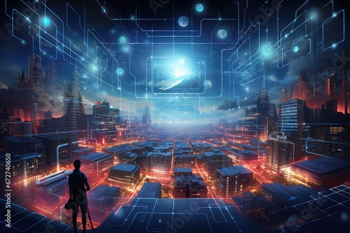 Un ville technologique, futuriste et digitale, lumière colorée bleue et orange.