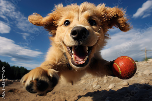 Le portrait d'un jeune chiot heureux jouant avec une balle © David Giraud