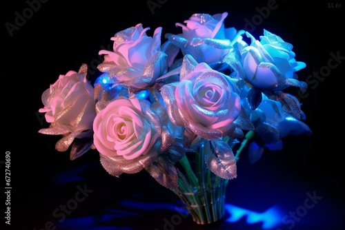 Romantic pink rose bouquet with a captivating blue light effect. Generative AI