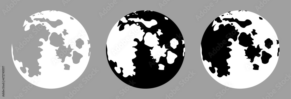 Set of 3 flat drawings of the moon, placed separately on a gray background, vector illustration. Set of 3 flat drawings of the moon, placed separately on a gray background, vector illustration.