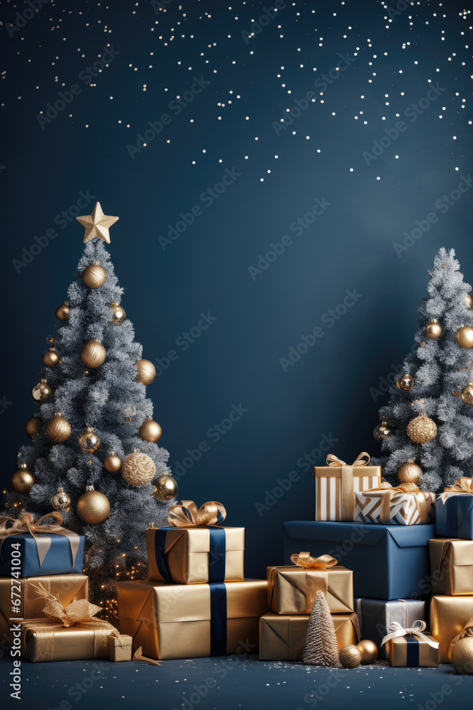 A blue and gold background full of christmas gift boxes, bows, ribbons and decorations. Copy/blank space for text.
