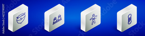 Set Isometric line Speedboat, Snowboard, Bungee jumping and Climber rope icon. Vector
