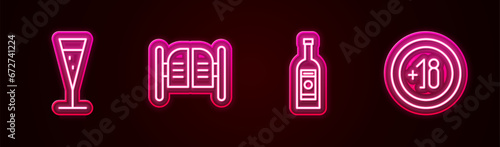 Set line Glass of champagne, Saloon door, bottle vodka and Alcohol 18 plus. Glowing neon icon. Vector