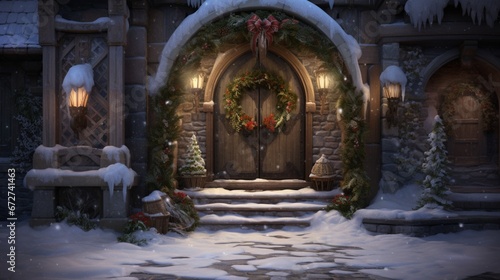 A snowy landscape leading to a door, where a welcoming wreath hangs.