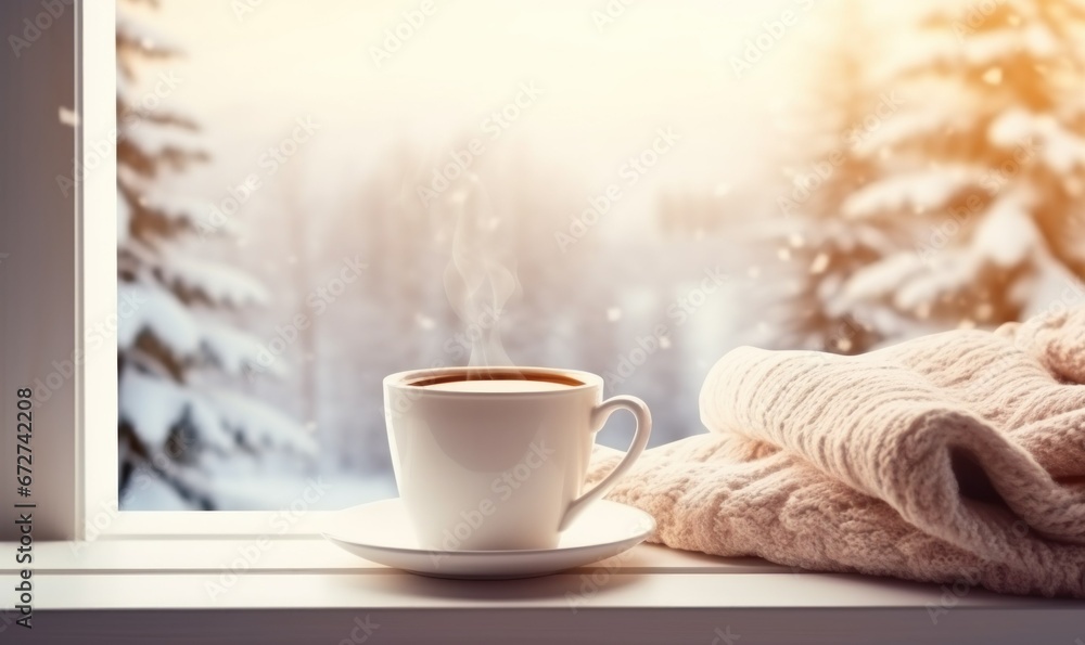Cozy warm winter composition with cup of hot coffee or chocolate Cozy warm winter composition with cup of hot coffee or chocolate