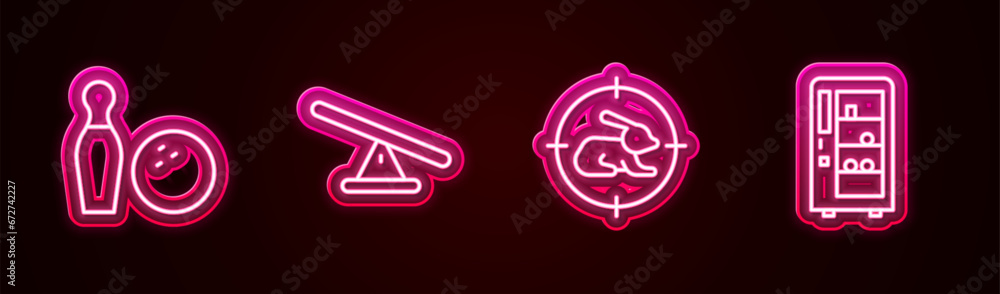 Set line Bowling pin and ball, Seesaw, Hunt on rabbit with crosshairs and Vending machine. Glowing neon icon. Vector