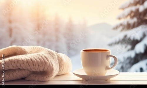 Cozy warm winter composition with cup of hot coffee or chocolate